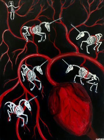 Painting of unicorn skeletons trapped in blood vessels.