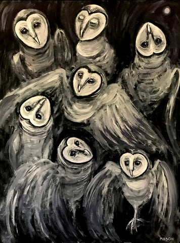 Expressionist painting of barn owls