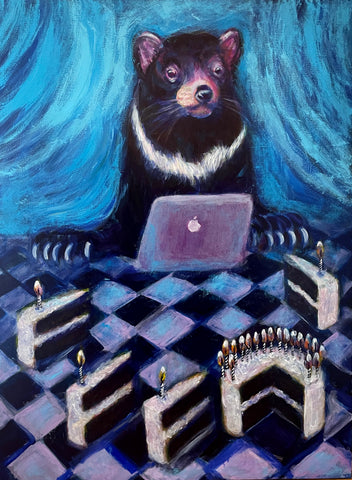 Painting of a Tasmanian devil with devil's food cake