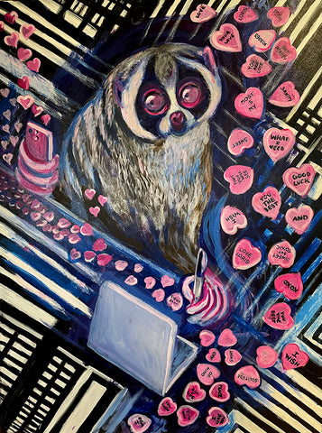 Painting of a Slow Loris with valentine messages.
