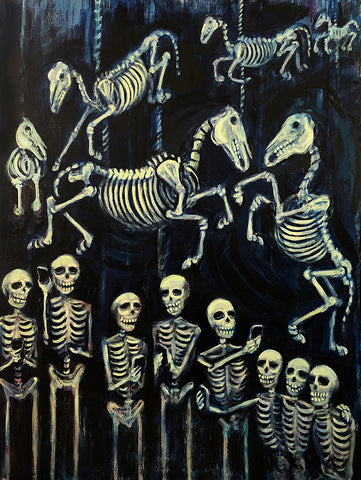 Painting of skeletons texting at a haunted carousel