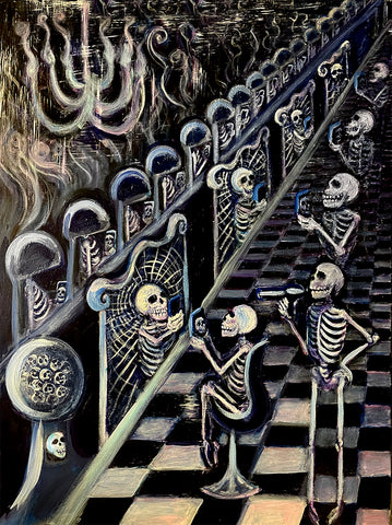 Painting of skeletons at a beauty salon