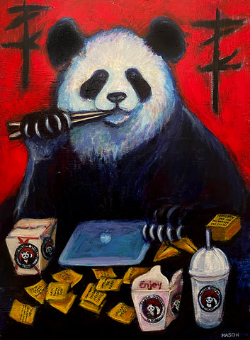 Painting of a Giant Panda eating Chinese food.
