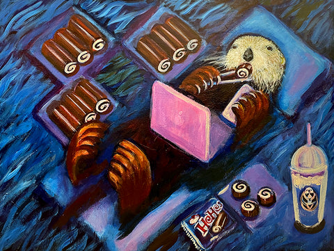 Painting of a sea otter eating Twinkies.