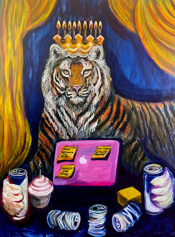 Painting of a Bengal tiger with a crown of birthday candles.
