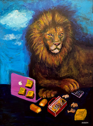 Painting of a lion eating animal crackers.